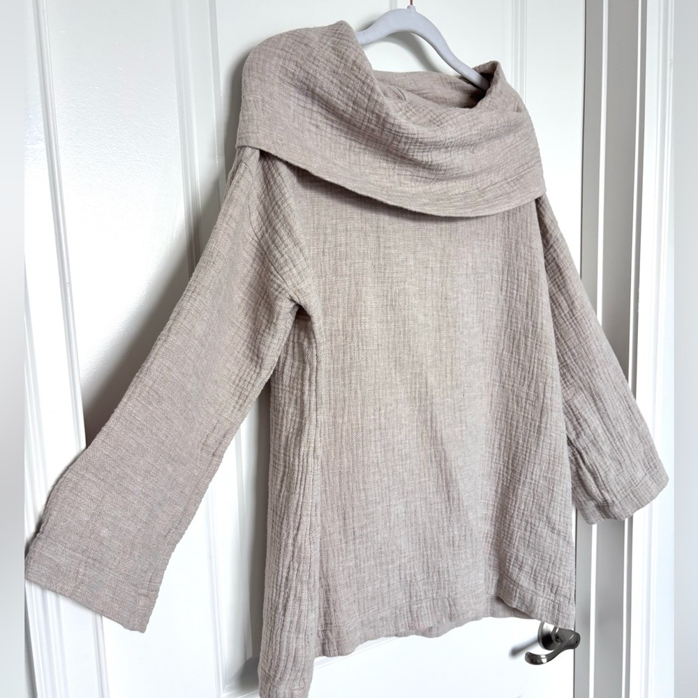 Soft Surroundings Linen Cotton Taupe Cowl Neck Long sleeve Sweater Medium Boho